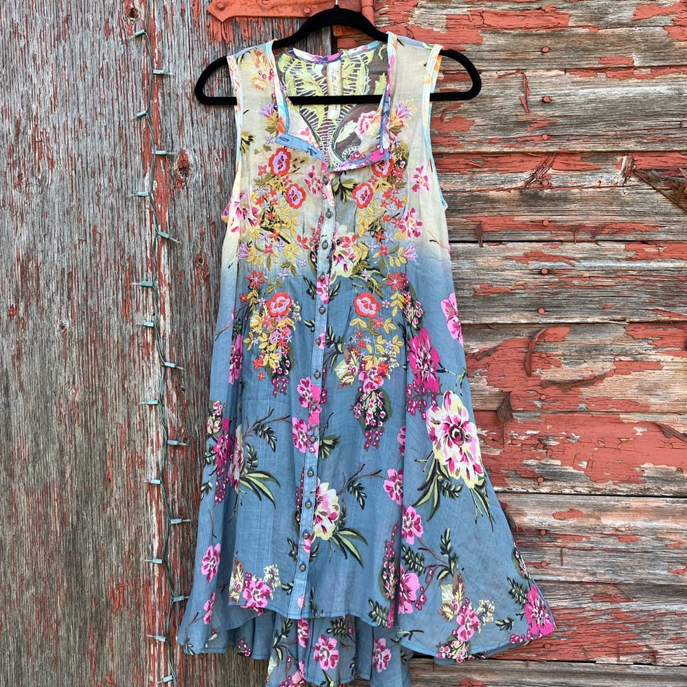Blue Floral Sleeveless Button-Front Dress